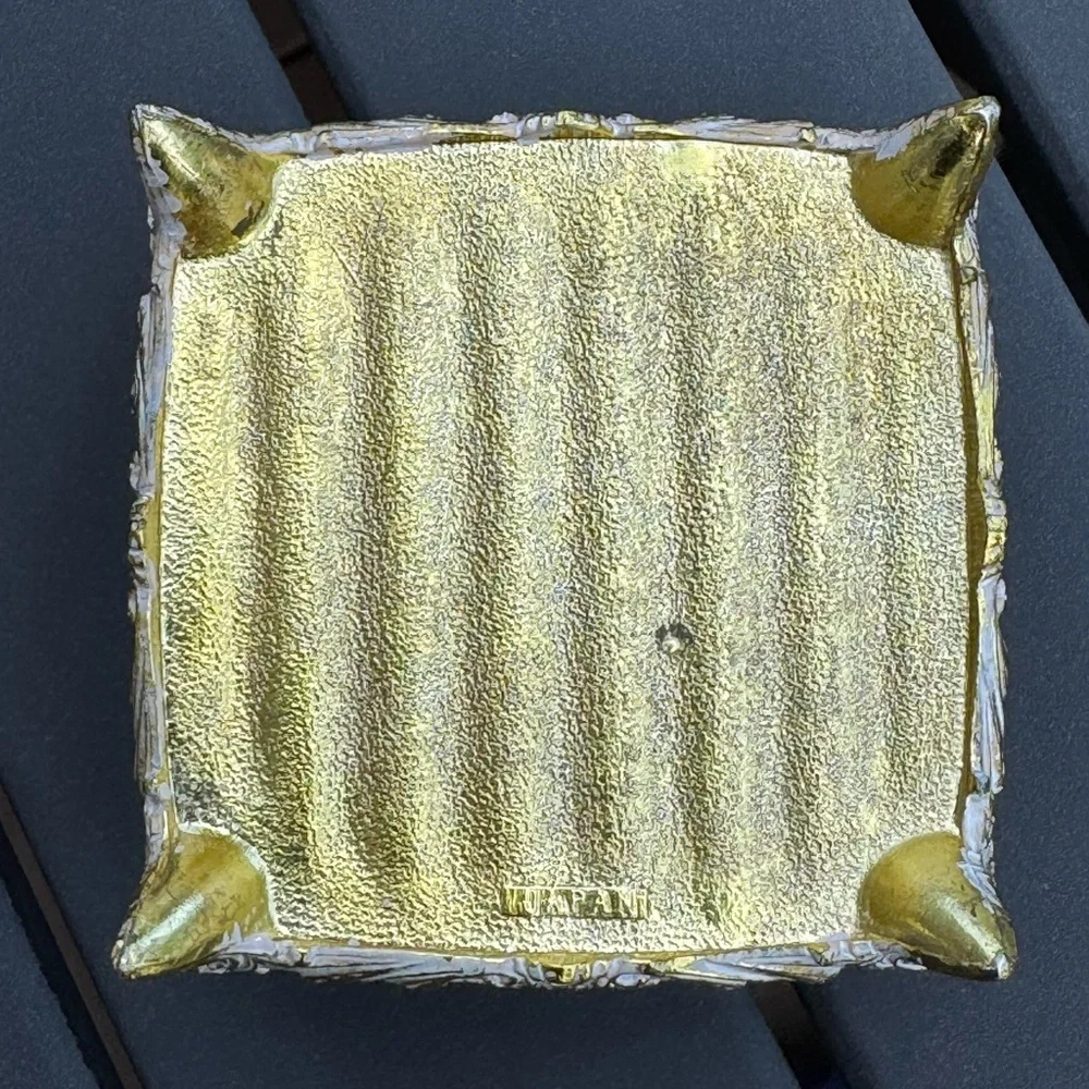 Vintage Footed Square Metal Jewelry Trinket Box Red Velvet Lined Japan